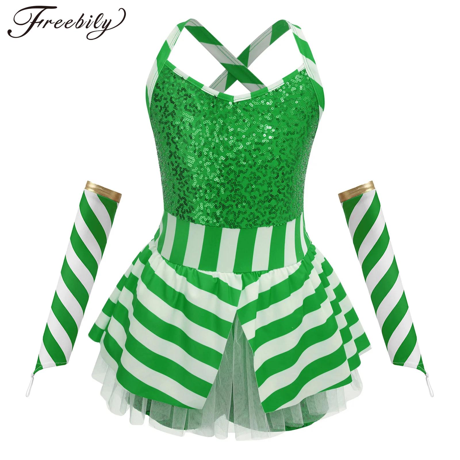 Elf Costume Christmas - Gaun Tutu Bodysuit Bergaris Permen Natal