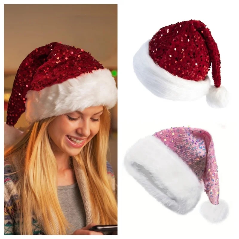 Santa Hat Plush - Topi Natal Berlapis Payet Ganda, Topi